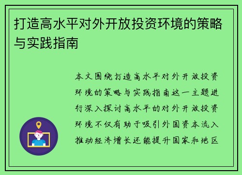 打造高水平对外开放投资环境的策略与实践指南 打造高水平对外开放投资环境的策略与实践指南
